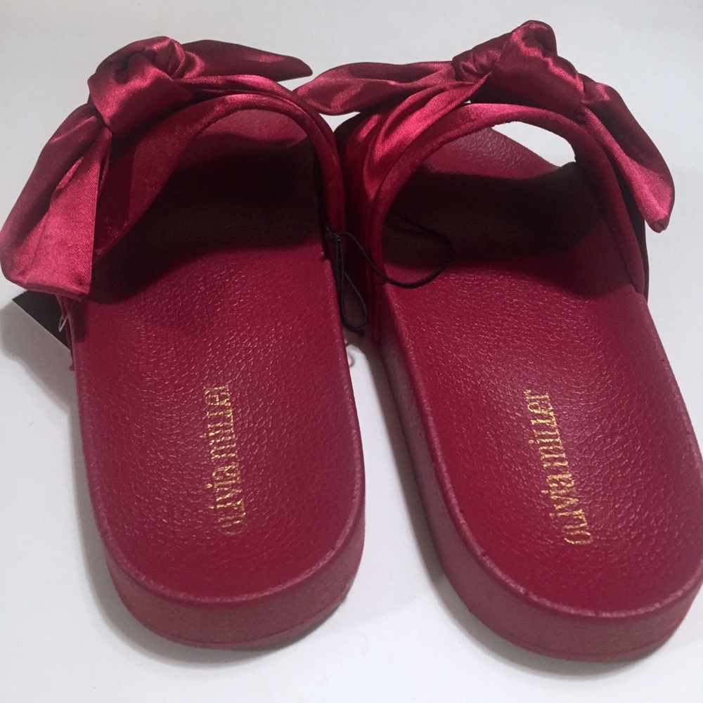 Olivia Miller Burgundy Satin Bow Slide Sandals - Picture 6 of 7